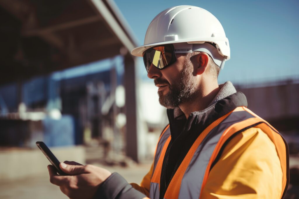 a construction worker receiving safety training by sms on a mobile phone