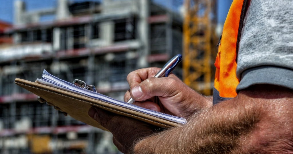 construction worker writing on clipboard