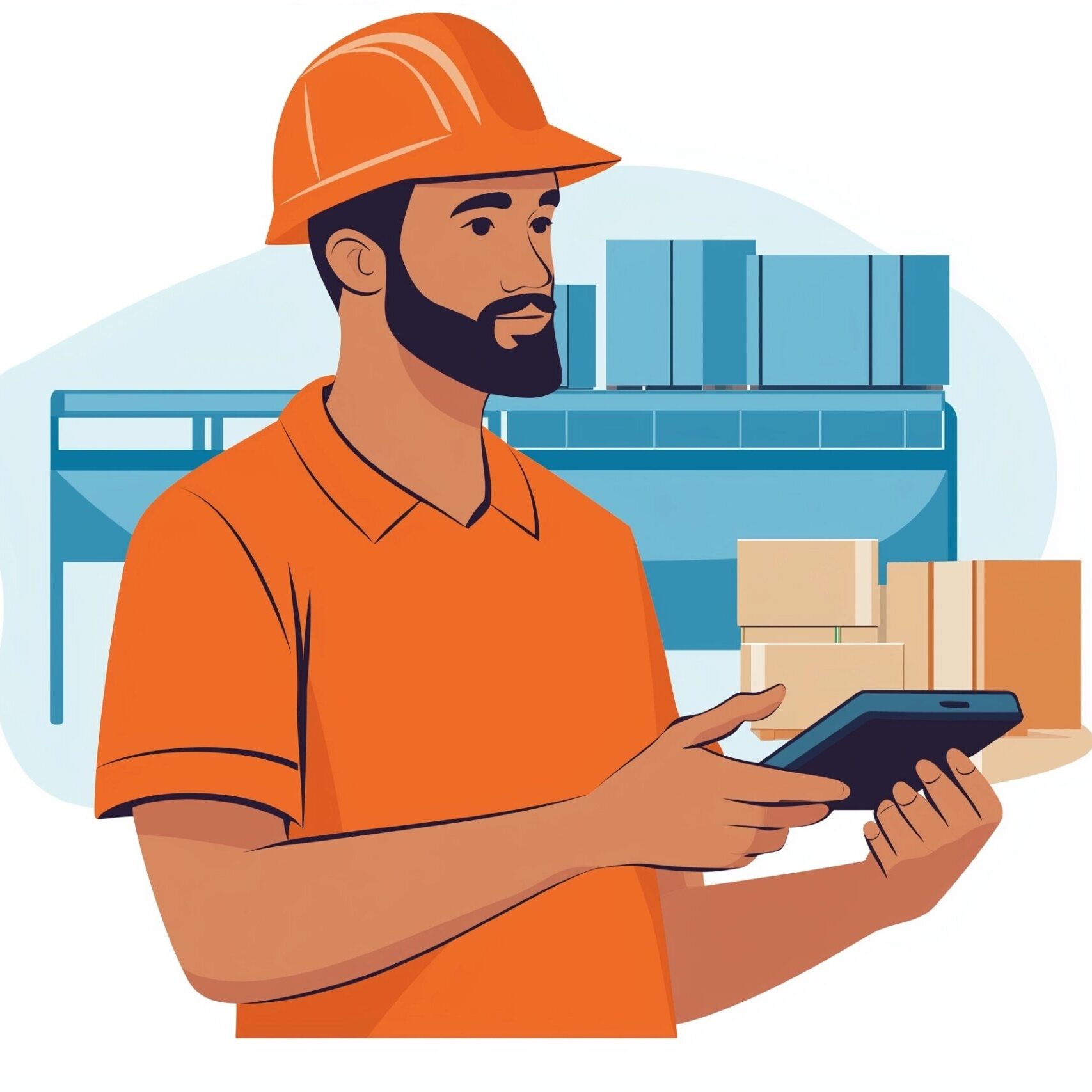 Warehouse Worker Scanning Packages with Handheld Scanner and Automated Conveyors in Background